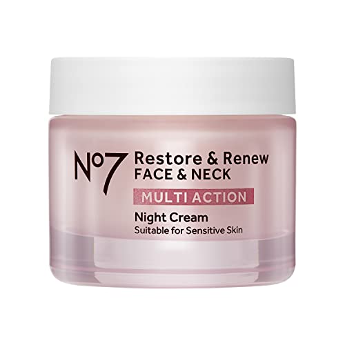 No7 Restore & Renew Multi Action Creme noturno para rosto e pescoço – Creme facial antienvelhecimento peptídeo de colágeno – Creme noturno hidratante com ácido hialurônico – manteiga