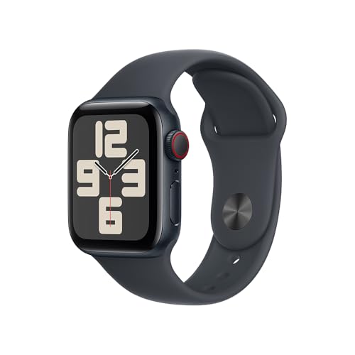 Apple Watch SE GPS + Cellular • Caixa meia-noite de alumínio – 40 mm • Pulseira esportiva meia-noite – P/M