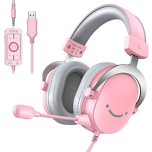 Fone de ouvido USB para jogos FIFINE,com fio para streaming no PC,com conector de 3,5 mm, microfone removível,som surround 7.1,caixa de controle,cancelamento passivo de ruído,para PS5/Xbox-H9 Pink