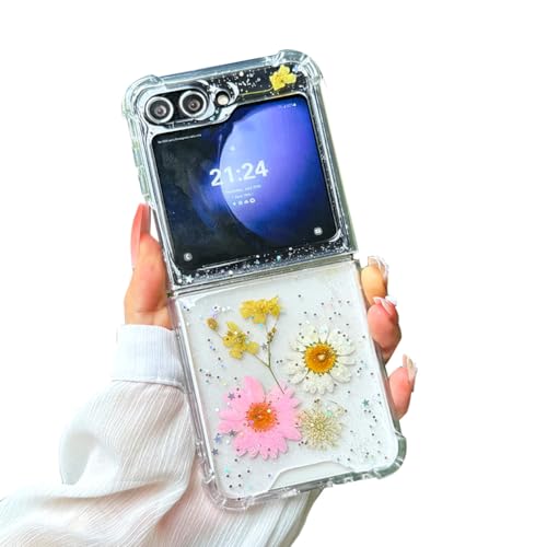 GO-VOLMON Linda capa floral para Samsung Galaxy Z Flip 6 margarida rosa e branca, capa feminina transparente à prova de choque para Galaxy Z Flip 6 flor seca e glitter em pó, linda capa feminina para
