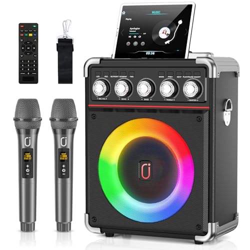 JYX Caixa de Som com 2 Microfones, Caixa de Som Bluetooth para Adultos e Crianças, Caixa de Som Karaoke com Ajuste de Graves/Agudos, Sistema de PA com Controle Remoto, Suporte para REC/USB/AUX/TF